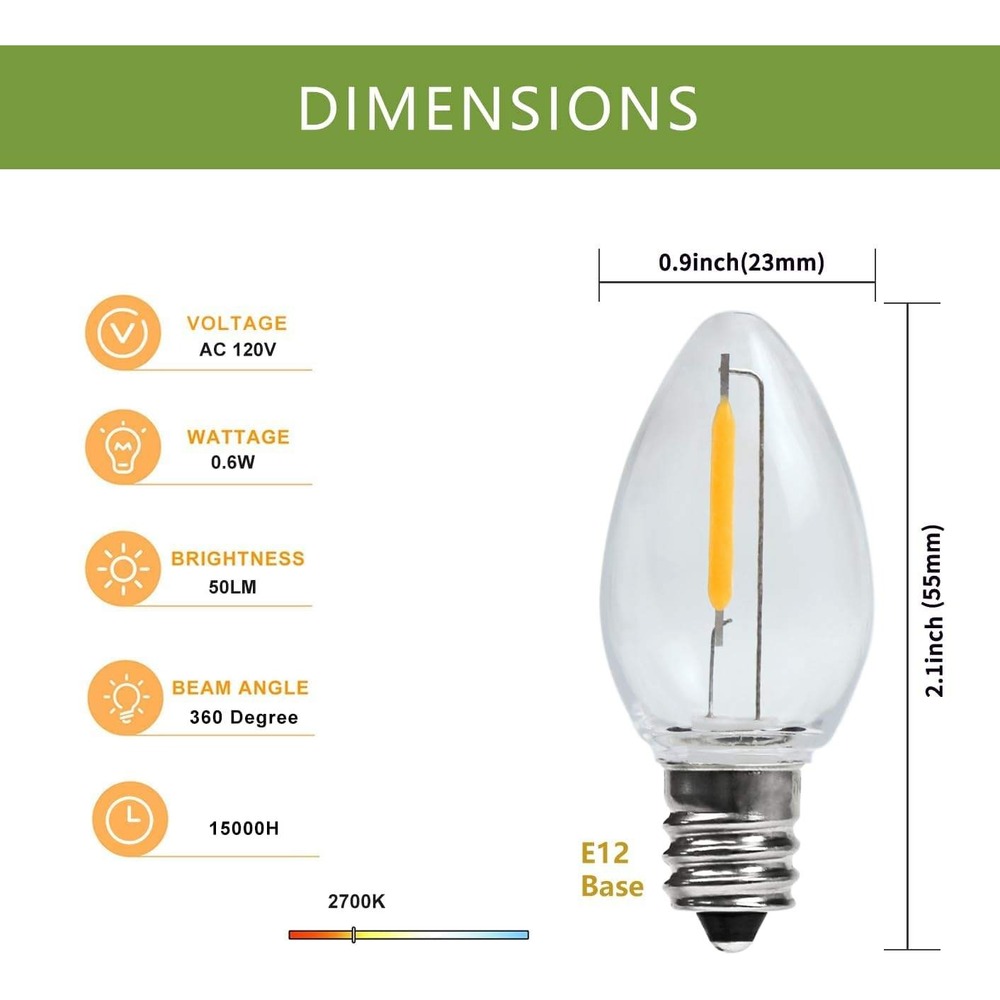 C7 LED Night Light Bulb 25-Pack E12 Base 0.6W 2700K New